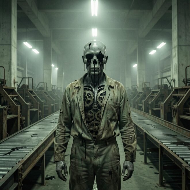 A human machine, gears in the chest, standing between conveyer belts.