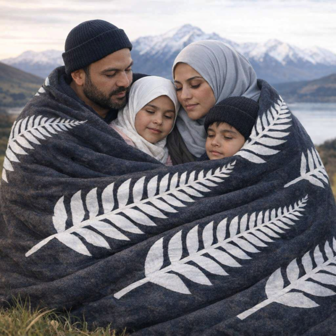 A family wrapped in a blanket printed with New Zealand ferm.