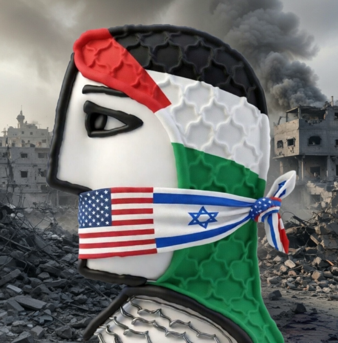 Drawing of a Palestinian face in profile, the mouth gagged.