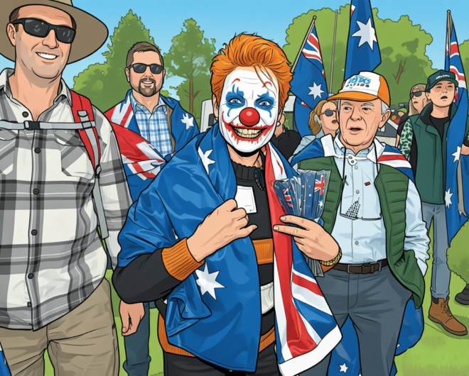Pauline Hanson draped in an Australian glad with flown face paint, surrounded by supporters.