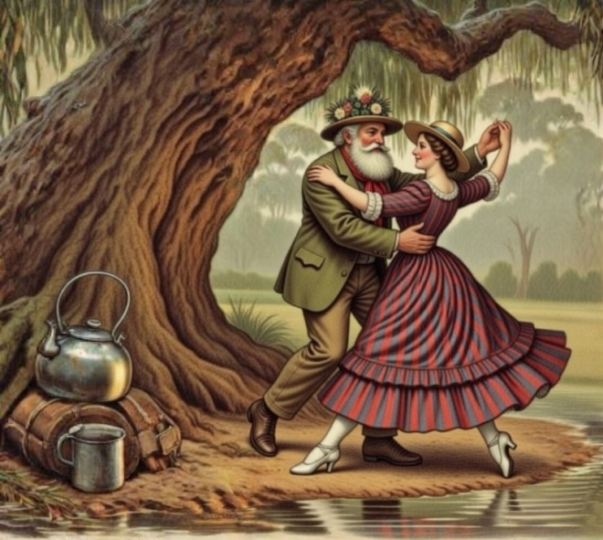 A swagman waltzing his Matilda.