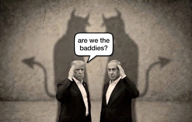 Donald Trumpy and Benjamin Netanyahu casting shadows showing them with devils' horns and tails.