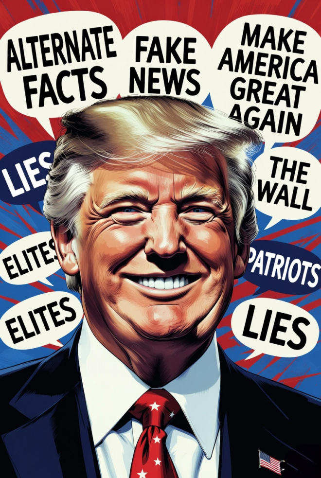 Trump surrounded by lies and alternative facts.