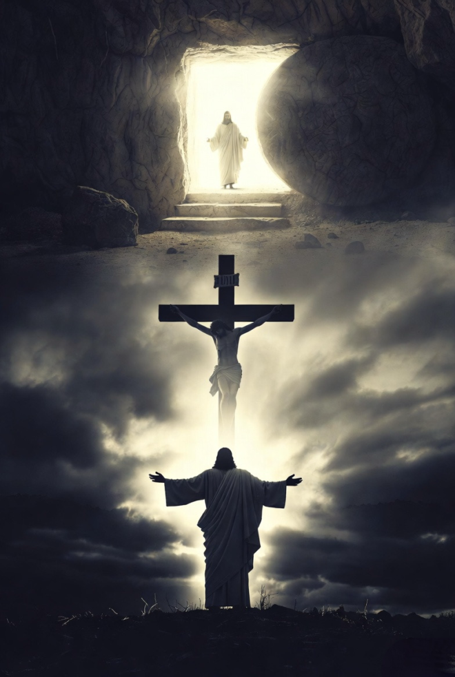 Bottom to top, Jesus, the crucifixion and the resurrection.