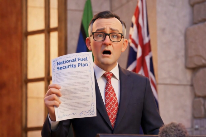 A worried politician holding up a National Fuel Security Plan.