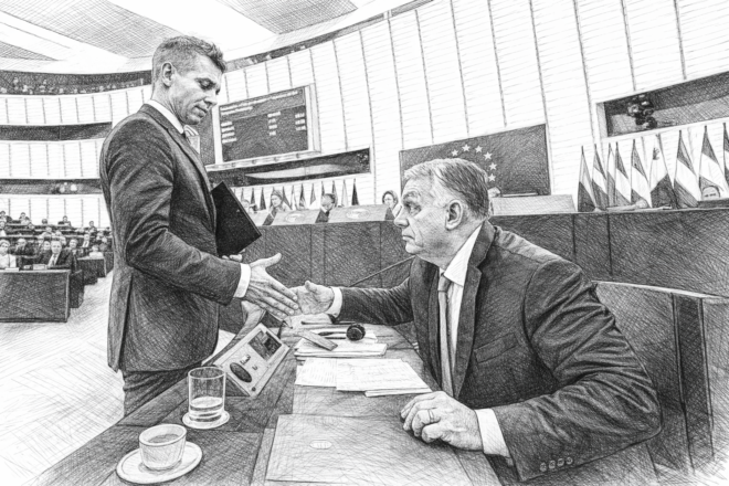 Péter Magyar and Victor Orbán shake hands.