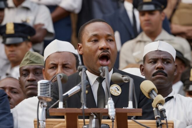 Martin Luther King Jr speaking at the the Lincoln Memorial on 28 August 1963.