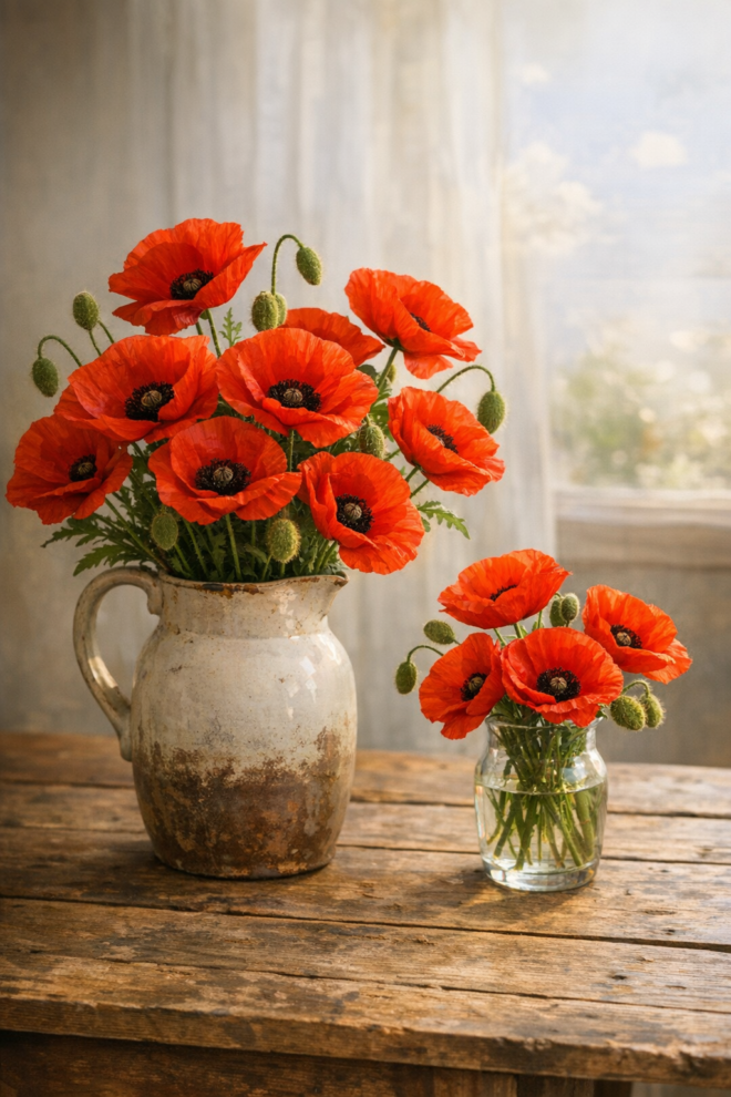 Poppies in two vases on a table.