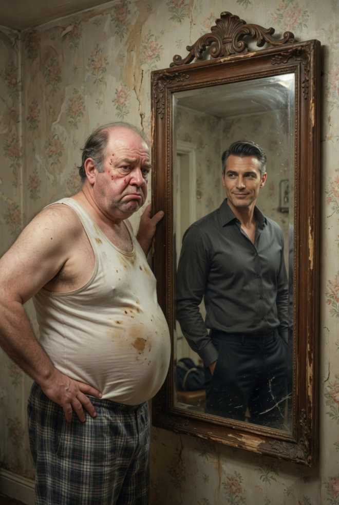 Propaganda: Overweight, grotty, middle-aged man, reflected in a mirror as clean cut younger and fitter person.