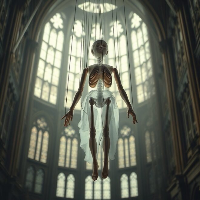 Skeleton suspended by strings in a cathedral.