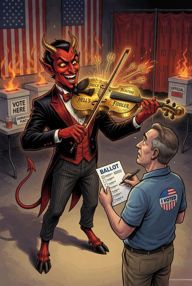 The Devil playing his golden fiddle at the ballot box in front of the voter.