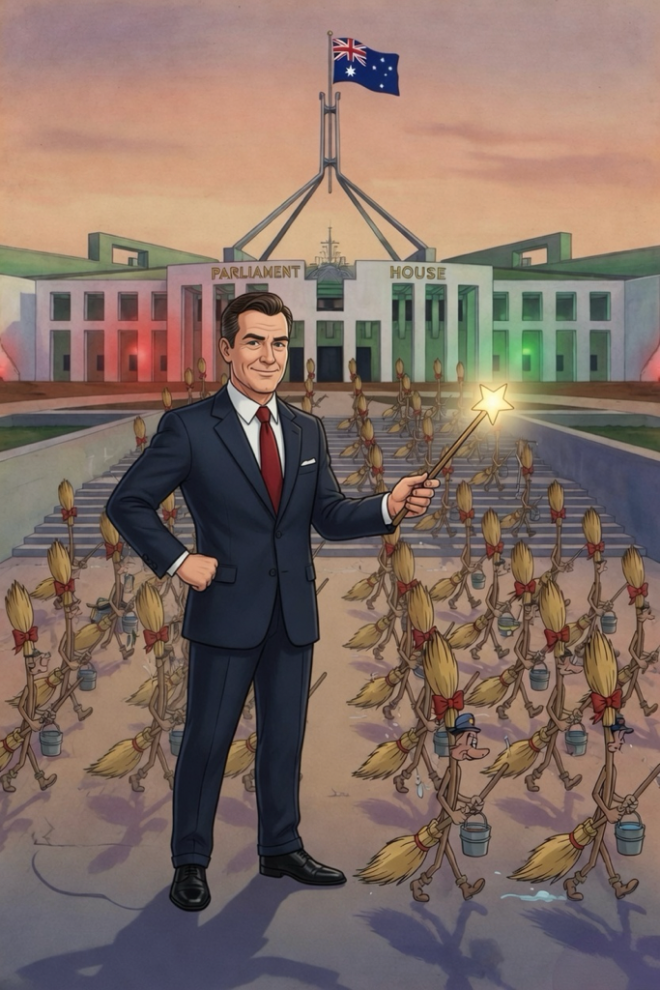 A bureaucrat in front of PArliament House, overseeing marching broomsticks.