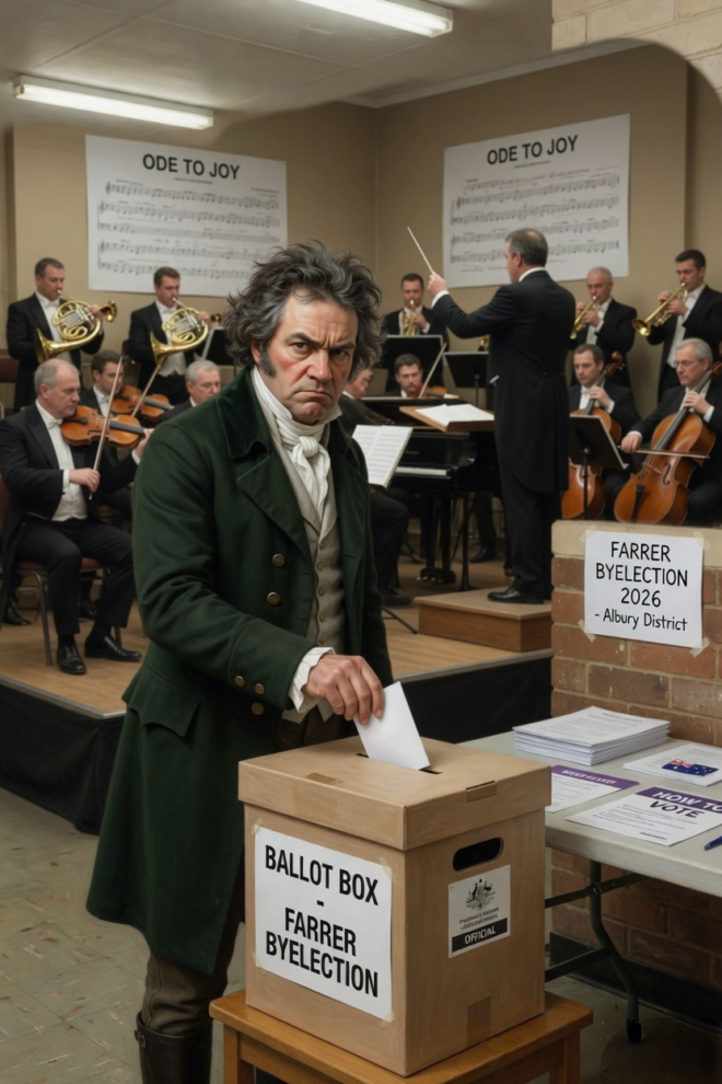 Beethoven casting a ballot in the Farrer by-election.