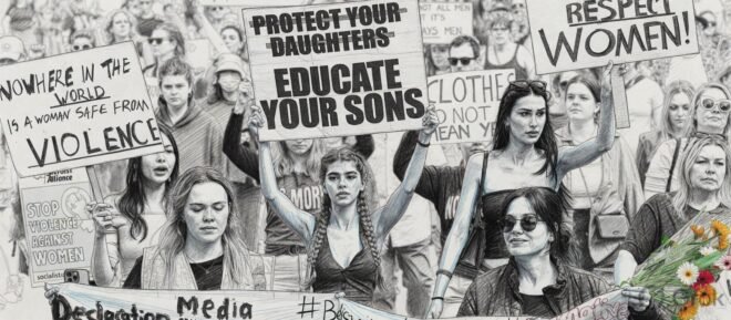 A domestic violence protest, women holding placards.