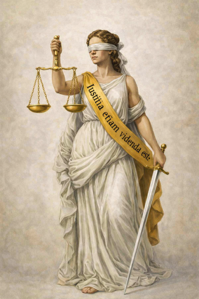 Justitia, wearing a sash in Latin, which translated says "Justice must also be seen."