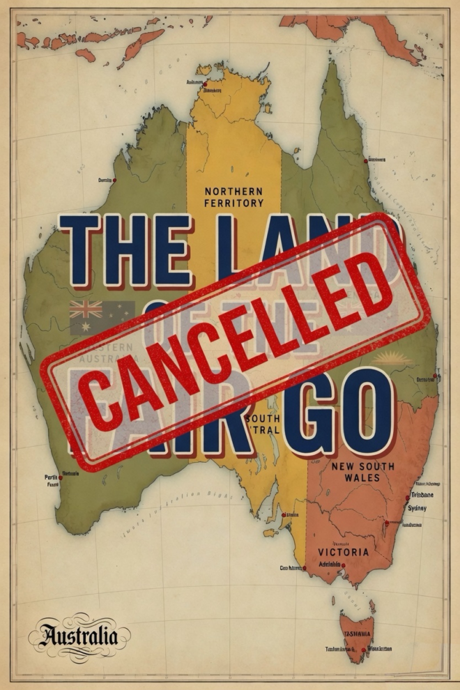 Map of Australia, Land of the Fair Go, Stamped "Cancelled".