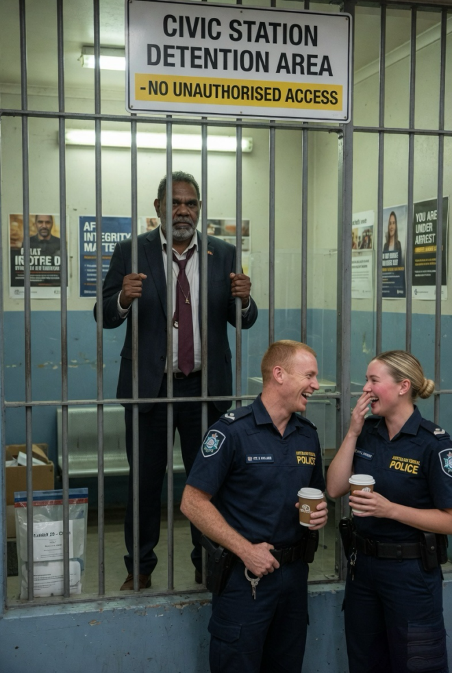 Police talking in front of an Indigenous man behind bars.