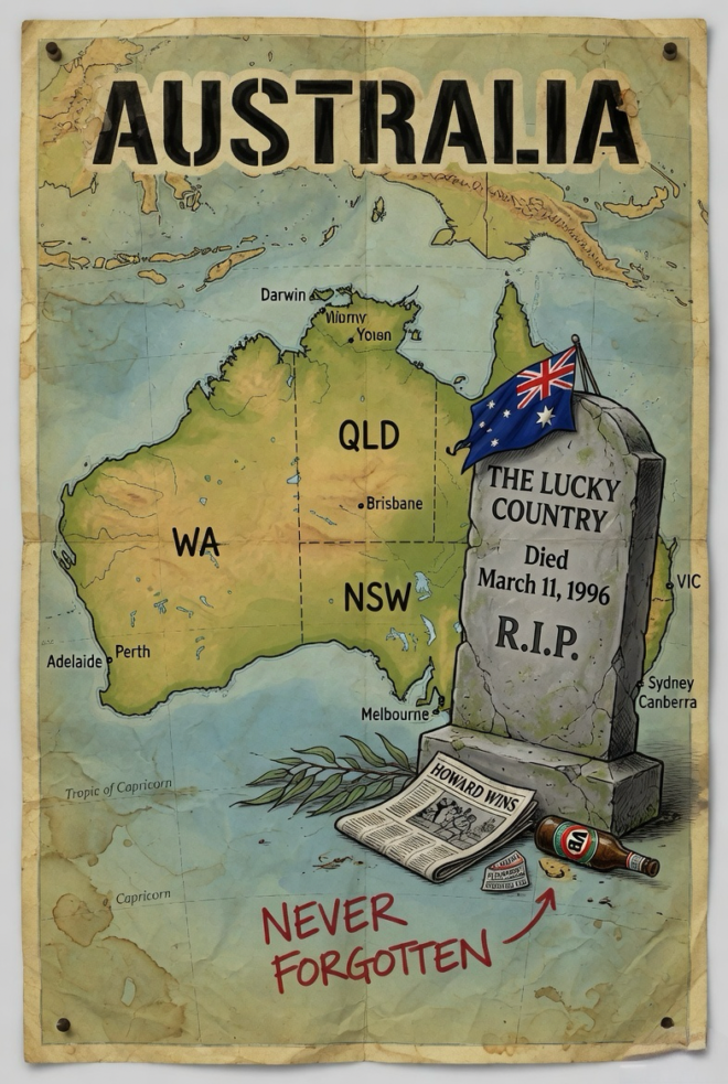 Australia: The Lucky Country, Dies March 11, 1996. RIP.
