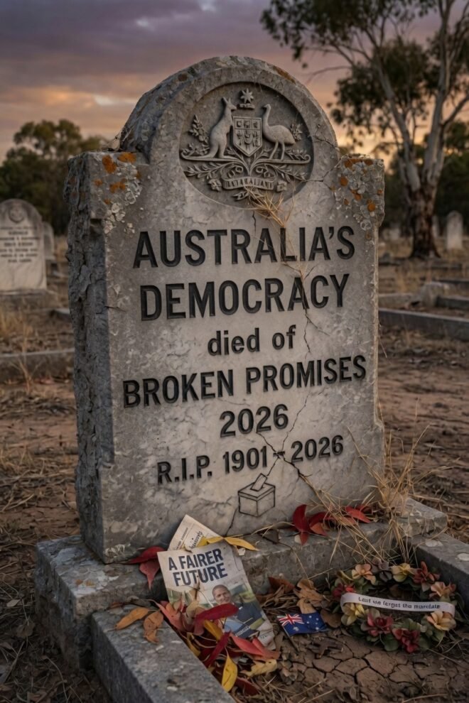 Tombstone. Details state, "Australia's Democracy. Died of broken promises 2026 RIP 1901-2026." A flyer at the base is a pamphlet titled, "A Fairer Future".