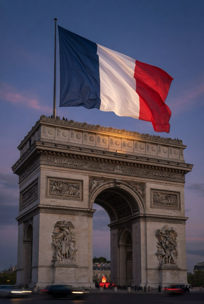 French flag flying over the Arc de Triomphe.