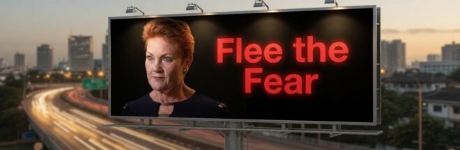 Billboard featuring Pualine Hanson and the slogan, "Flee the Fear".