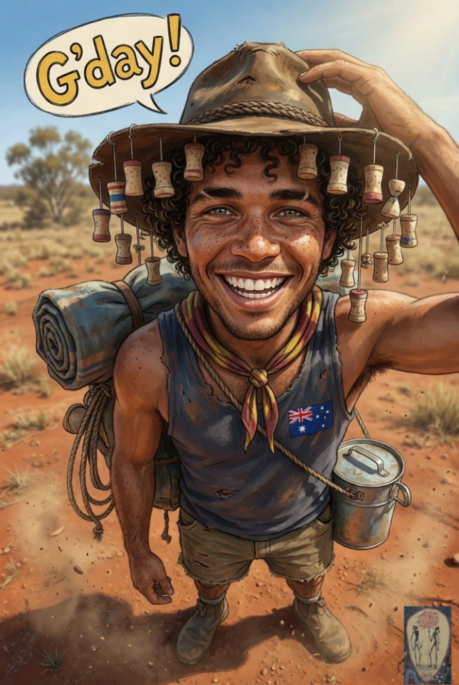 Swagman with a hat dangling corks saying "G'day".