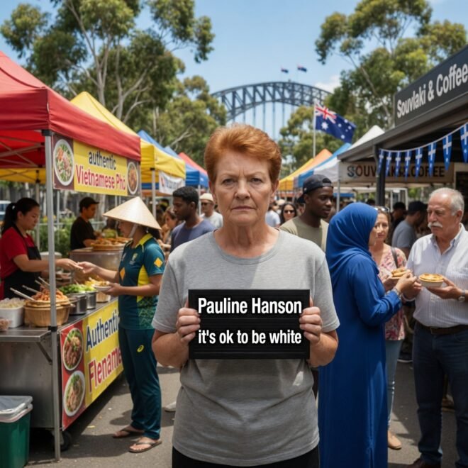 Pauline Hanson holding a sign, with her name, beneath which is written, "it's ok to be white."