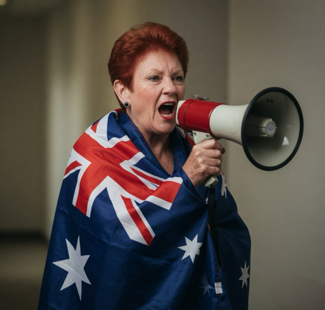 Pauline Hanson wrapped in the Australian flag, shouting into a loud haler.