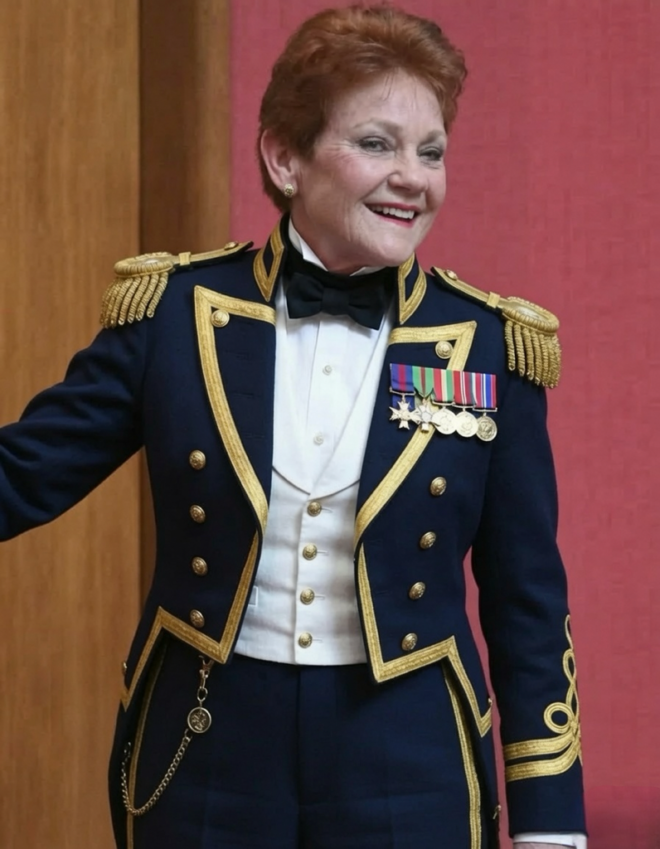 Pauline Hanson dressed for Gilbert & Sullivan's HMS Pinafore.
