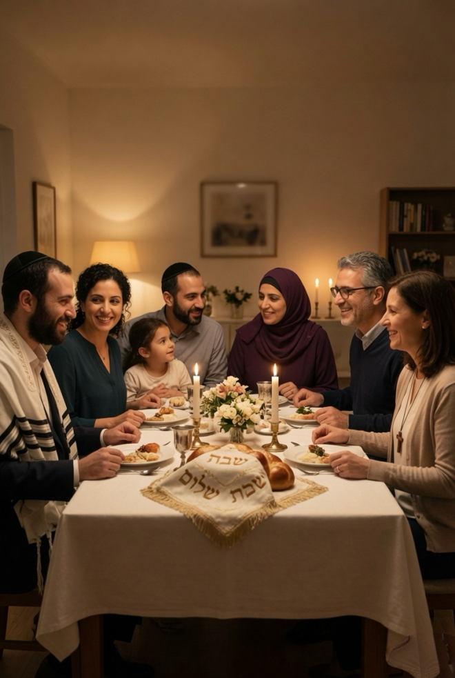 People sharing a meal at a table.