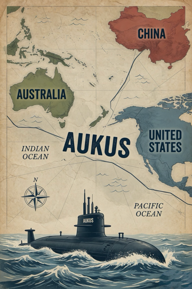 Map of Australia and the USE, with AUKUS between the two.