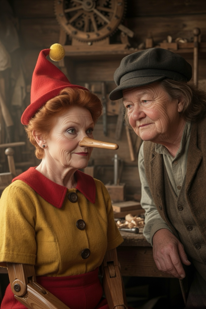 Gina Rineheart looking on her Pauline Hanson Pinocchio
