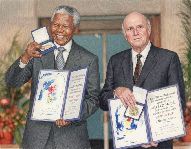 Nelson Mandela dn FW de Klerk, receiving the Nobel Peace Prize.