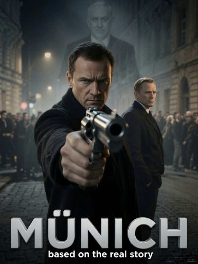 Characters from Spielberg's film Munich, with Netanyahu in the background.