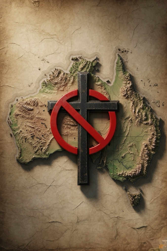 Australia with a cross over it with a prohibition circle over the top of a cross.