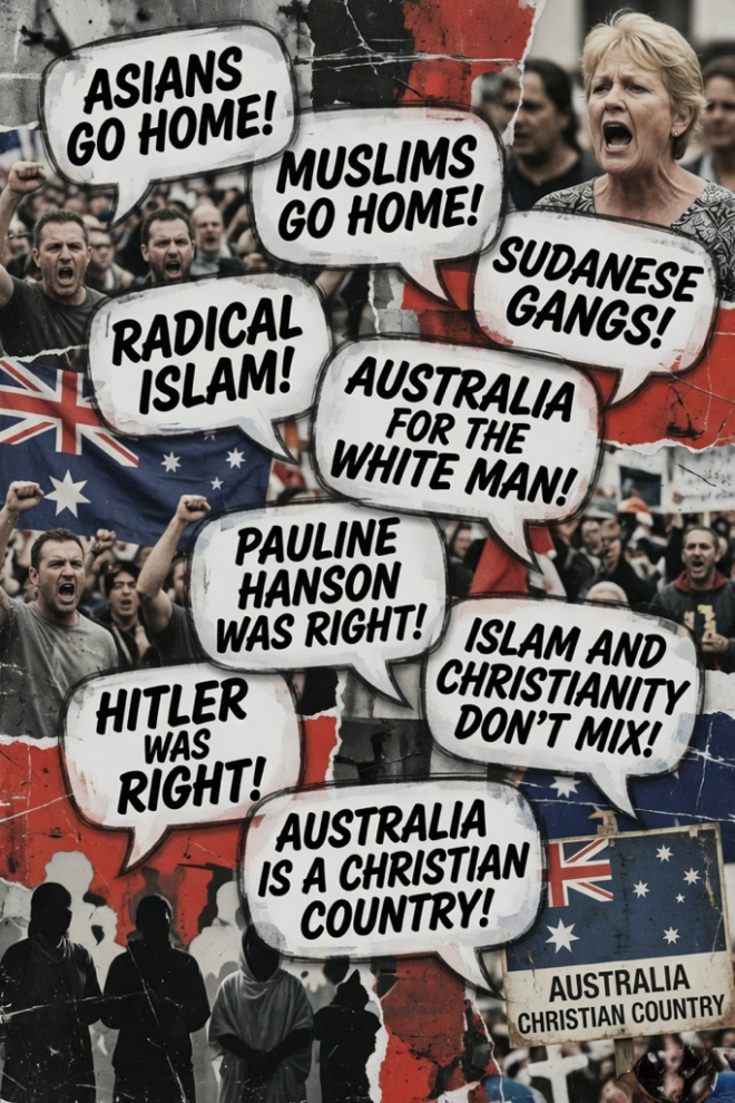 Racist phrases being shouted by unAustralian people.