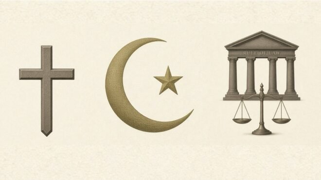 Christian-Islam symbols with scales of justice and the rule of law.