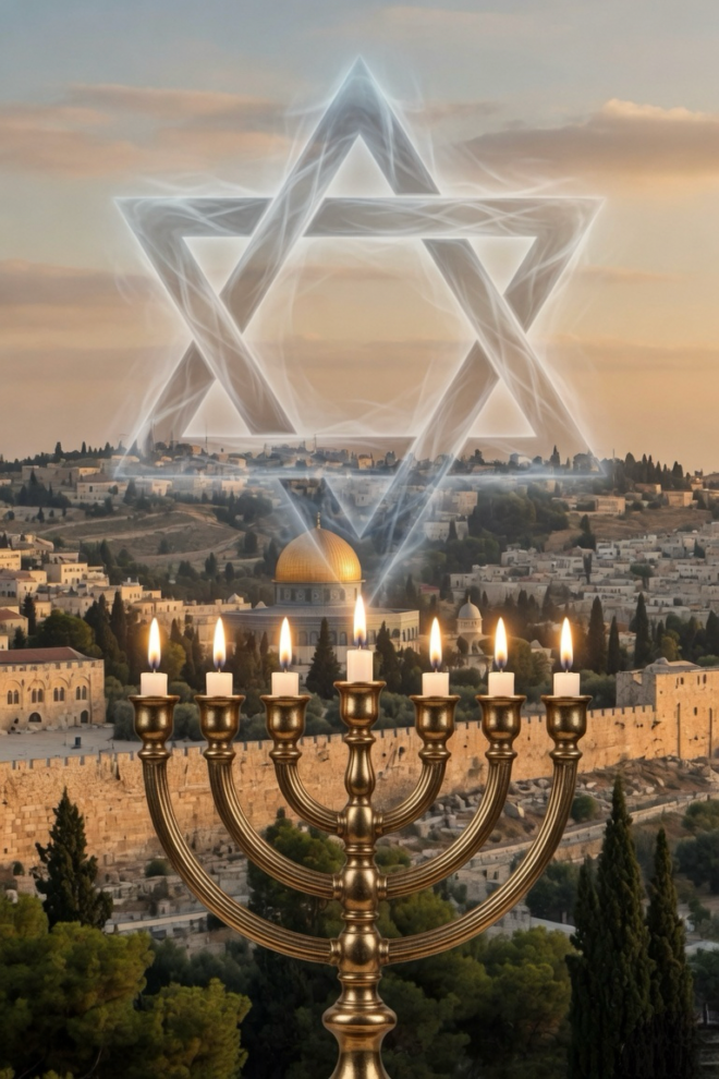 Menoraj and the STar of David over Jerusalem