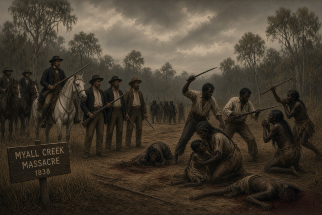 The Myall Creek Massacre, on which Dunlop's poem "The Aboriginal Mother" is based/