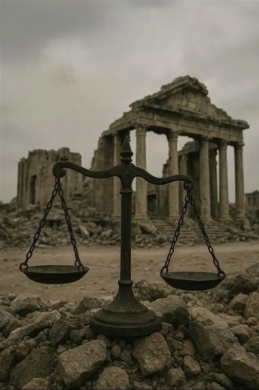 Balance scales in front of ruins