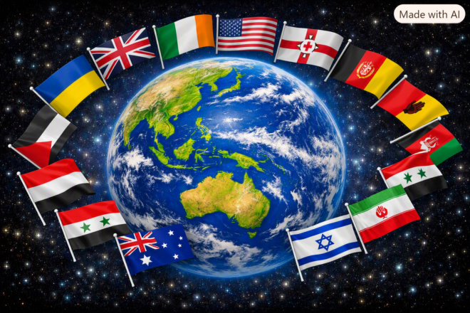 Flags encircling the world.