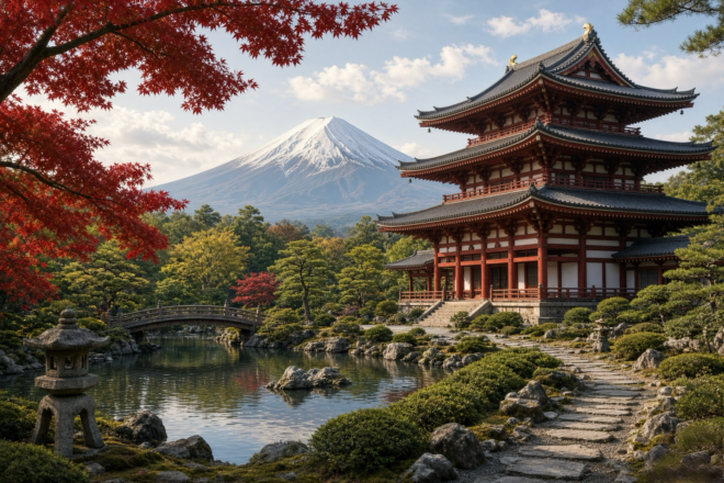 A pagoda with Mt Fuji in Japan in the background.