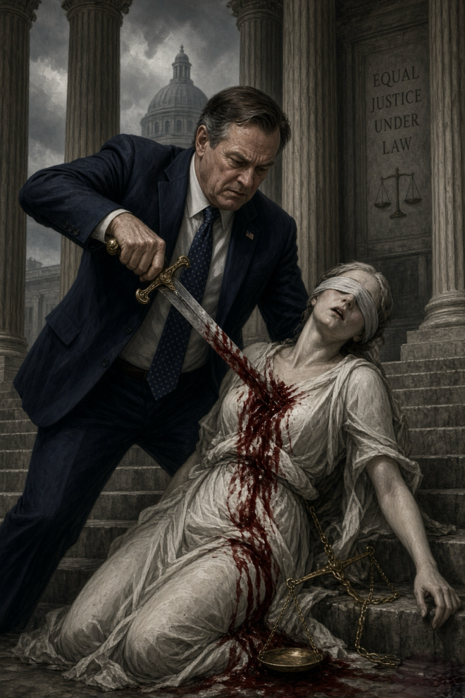 Justitia being stabbed by a politician with her own sword. The death of justice is inevitable when the separation of powers is lost.