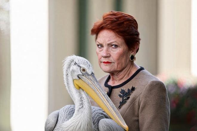 Pauline Hanson with a pelican.