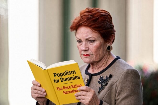 Pauline Hanson reading "Populism for Dummies".
