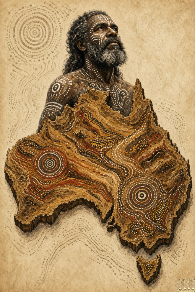 Aboriginal man, over Australia, which was not terra nullius at settlement.