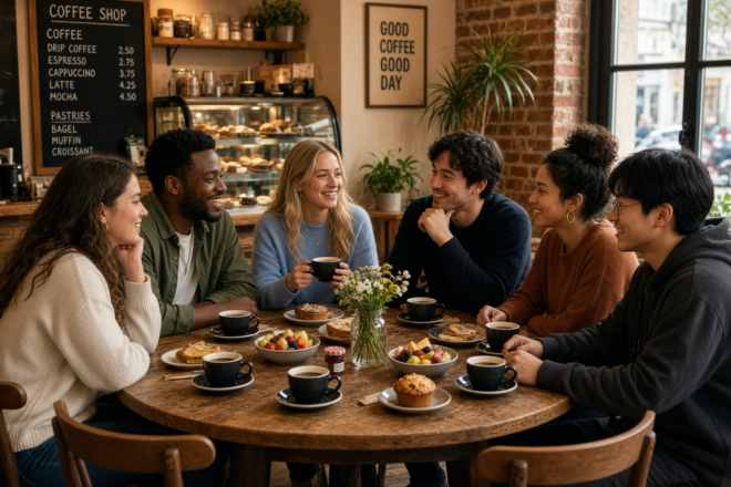 People sharing a meal, discussing division and hatred.