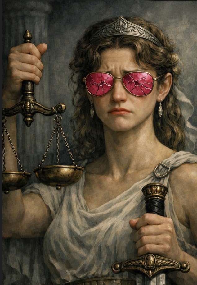 A very despondent Justitia wearing cracked rose tinted glasses at a conflict of interest.