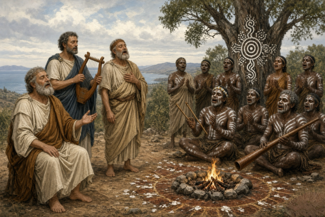 Ancient Greeks and Aboriginal people sharing songs.